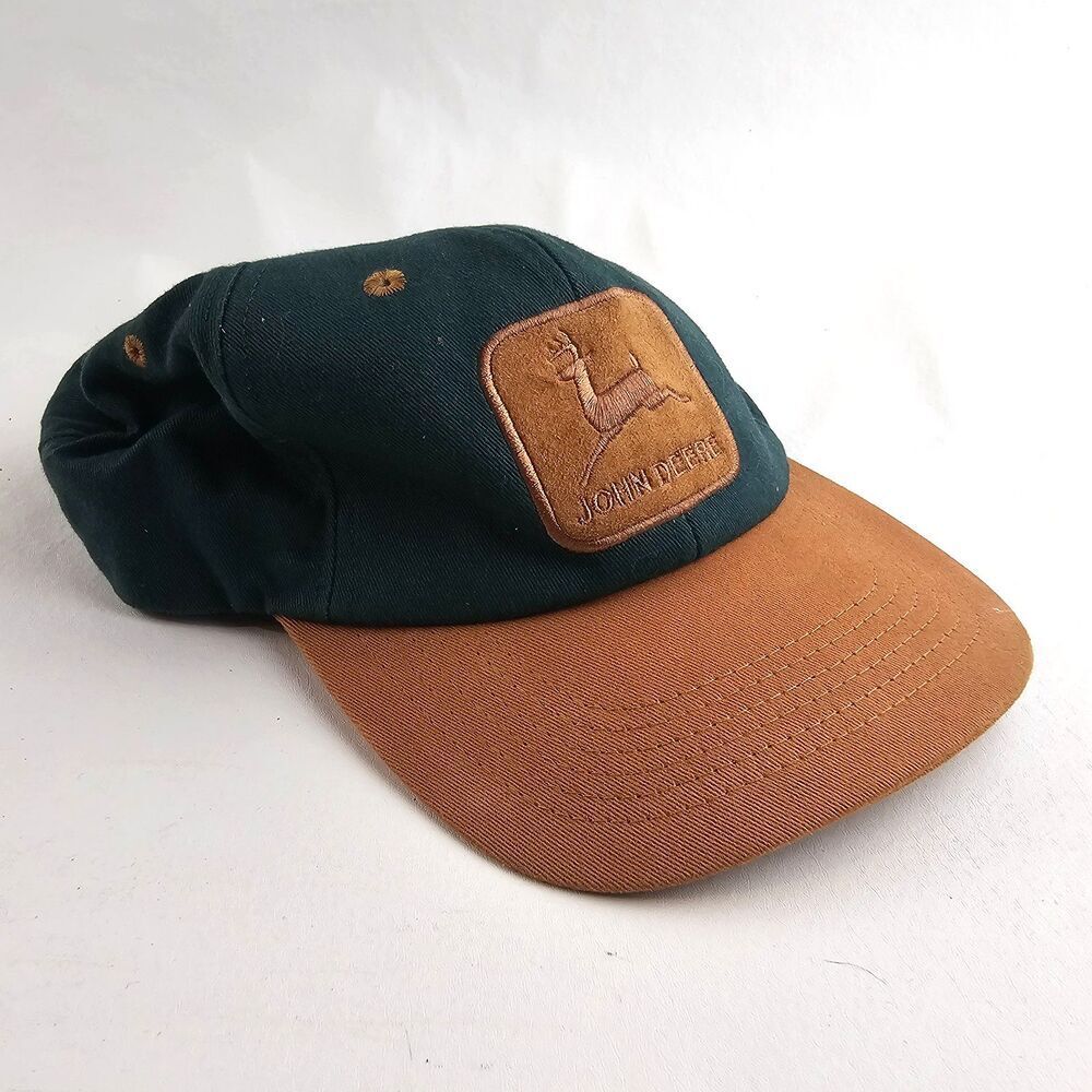John Deere Green Brown Leather Patch Strapback Hat Cap K Products USA Made Vtg